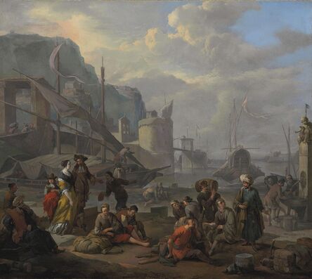 Johannes Lingelbach, ‘A Mediterranean port with an elegant couple and travelers resting by the quay’, 1665