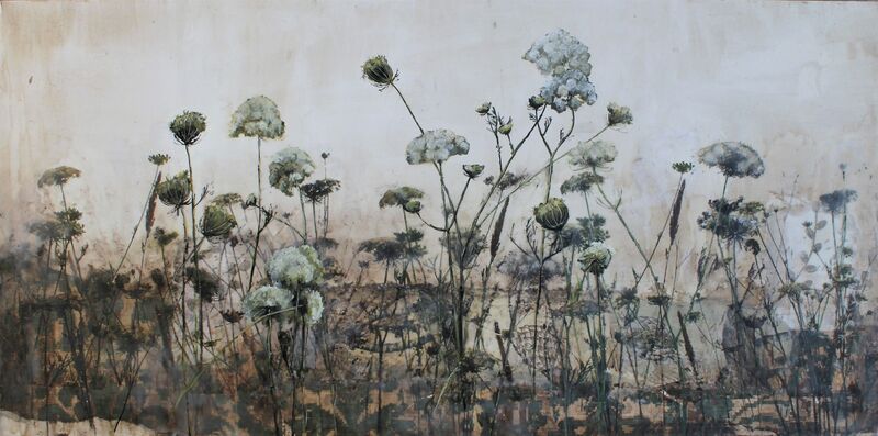 Diana Majumdar, ‘Field of Queen Anne Lace’, 2018, Mixed Media, Fabric and paper collage on board, photo transfers, encaustic and oil paint, Seager Gray Gallery