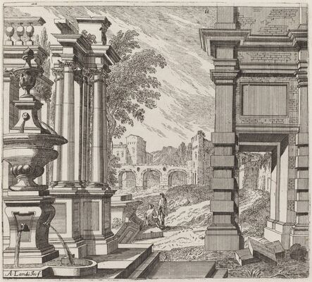 Giuseppe Antonio Landi, ‘Architectural Fantasy with a Fountain, Classical Ruins, and a Bridge’, before 1753