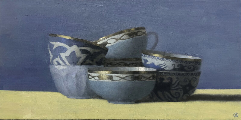 Olga Antonova (b. 1956), ‘Blue Cups on Blue and Yellow’, 2020, Painting, Oil on canvas, Clark Gallery