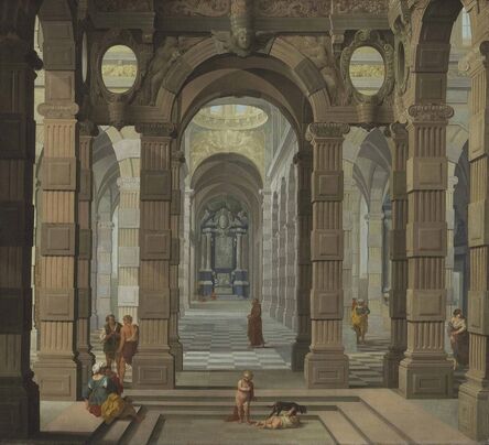 Dirck van Delen and Cornelis van Poelenburch, ‘Interior of a Baroque Church with a friar and peasants’