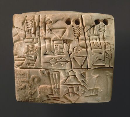 Unknown Sumerian, ‘Cuneiform tablet: administrative account of barley distribution with cylinder seal impression of a male figure, hunting dogs, and boars’, ca. 3100–2900 B.C.