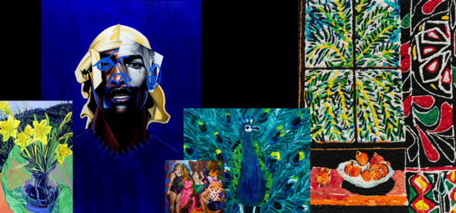 Collage of five artworks on a black background