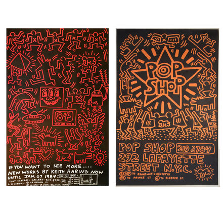 Keith Haring, ‘Two Poster Set: "POP SHOP", 1985 & "Keith Haring 84", Shafrazi Gallery, 1984, Street Past-Up Advertisement Posters’, 1984-1985