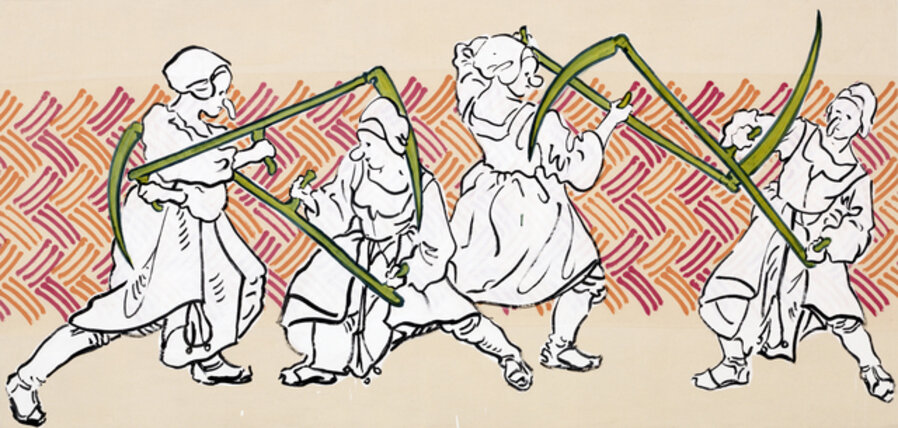 Peasants practising fighting with scythes