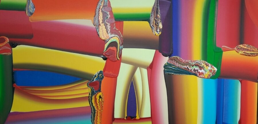 Stretched Bodies, Colorful, Vivid, Abstract Painting by South Indian Artist Bose Krishnamachari