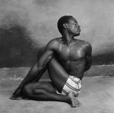 James Barnor, ‘J Peter Dodoo Jnr., Yoga student of “Mr Strong“, Ever Young studio, Accra, 1955’, 2019