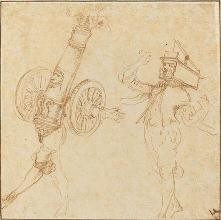 Stefano Della Bella, ‘Two Men in Masquerade Costumes: A Cannon Firing and a Cat Inside a Mousetrap’, ca. 1645