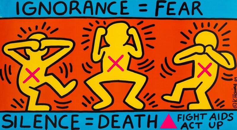 Keith Haring, ‘Ignorance = Fear. Silence = Death. Fight AIDS. Act-UP (Prestel 83)’, 1987, Print, Offset lithograph printed in colours, Forum Auctions