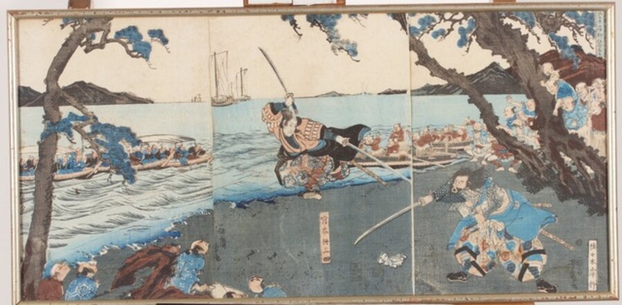 Miyamoto musashi fighting with Sasaki Ganryū on the island of Ganryū in Kyūshū (Kyūshū Ganryūjima ni oite Miyamoto Musashi Sasaki Ganryū shiai zu 九州岸柳島において宮本無三四佐々木岸柳仕合図)