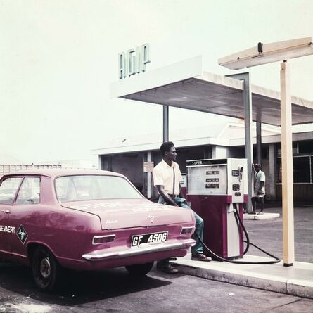James Barnor, ‘Filling up the Studio X23 car at the Agip petrol station for its 1974 calendar, Accra, 1973’, 2020