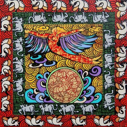 Seema Kohli, ‘Yogini, Acrylic & Ink on canvas, Gold & Silver leaf, Red, Green, Violet "In Stock"’, 2017