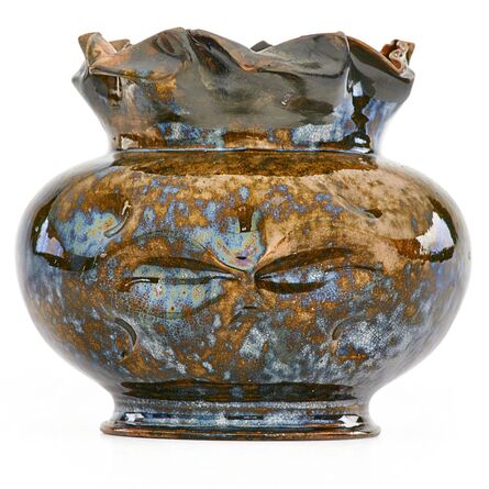 George E. Ohr, ‘Large face vase with ruffled rim, green, ochre, and gunmetal sponged-on glaze’, 1897-1900