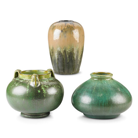 Fulper Pottery, ‘Three Vases (One Prang), Leopard Skin Crystalline, Cucumber Green and Experimental Flambé Glazes, Flemington, NJ’, 1910s-20s