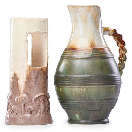 Fulper Pottery, ‘Ikebana Vase In Elephant's Breath Glaze And Pitcher With Braided Handle In Flambé Glaze, Flemington, NJ’, 1910s-20s