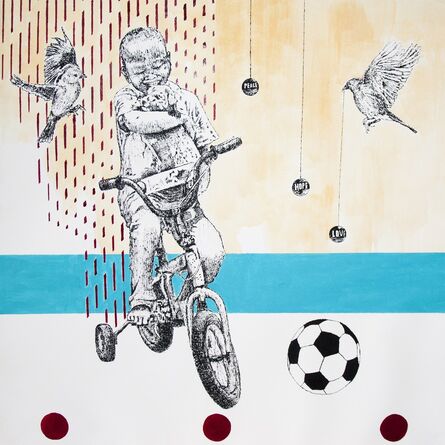 Edward Selematsela, ‘A BOY ON A BIKE WITH DOG, TWO BIRDS AND A SOCCER BALL’, 2018