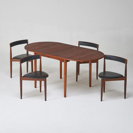 Hans Olsen, ‘Set of four leather-back tripod nesting chairs together with teak drop-leaf extension dining table’