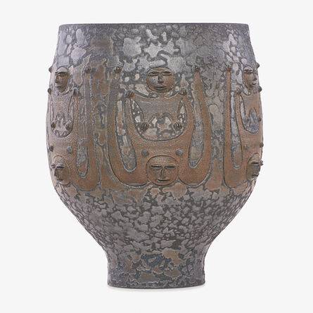 Edwin Scheier, ‘Large footed vessel-form with stylized figures, bronze glaze, Green Valley, AZ’, 1983