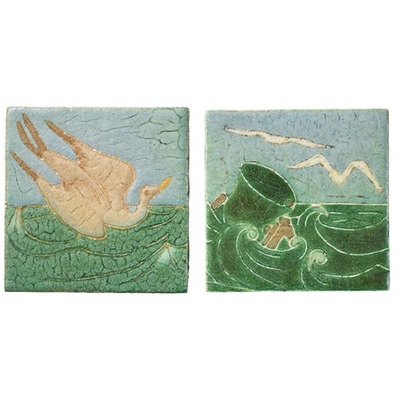 Grueby Faïence Company, ‘Two tiles decorated in cuerda seca with seagulls, Boston, MA’, 1910s