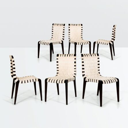 Augusto Romano, ‘six chairs with a wooden structure and fabric seats’, ca. 1950