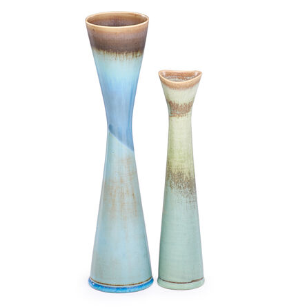 Stig Lindberg, ‘Two Corseted Vases, Turquoise and Blue Hare'S Fur Glazes, Sweden’, mid-20th C.
