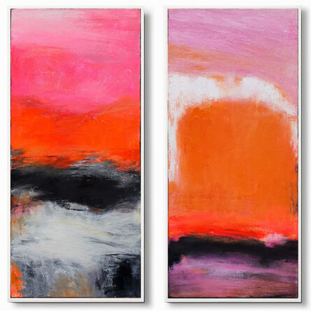 Leon Grossmann, ‘Orange Grey Abstract Painting, Travel to Future and Past, Diptych Abstract Painting, Pink, Rosa, Peach, Neon Orange, Neon Red, Coral, Black, Neon Pink, Grey, Dusty Pink, Purple, Magenta, vibrant, bold, Textured Abstract Painting,  joyfull, Neon colors  ’, 2024