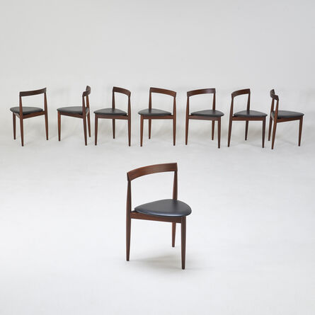 Hans Olsen, ‘Assembled set of eight leather-back tripod nesting chairs’