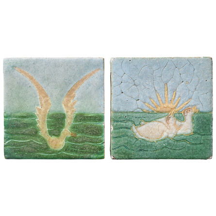 Grueby Faïence Company, ‘Two tiles decorated in cuerda seca with seagull and geese, Boston, MA’, 1910s