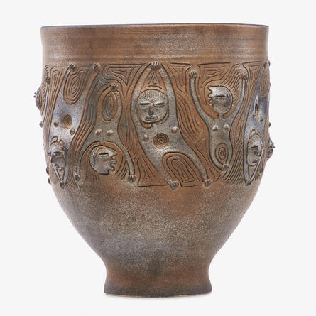 Edwin Scheier, ‘Large footed bowl with stylized figures, bronze glaze, Green Valley, AZ’, 1991