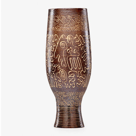 Edwin Scheier, ‘Tall early vase with stylized figures, New Hampshire’