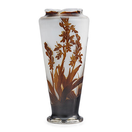 Galle, ‘Tall vase with crocosmia orchid under a scalloped rim, silver base etched "Je vous aime," France’, early 20th C.