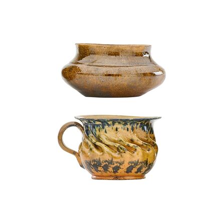 George E. Ohr, ‘Large chamber pot novelty and squat vase, multicolor glazes’, 1985-1900