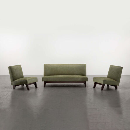 Pierre Jeanneret, ‘Lounge Set (2 Armless Easy Chairs + 1 Bench), Short Legs, LCPJ-SI-39-A/B’, 1955