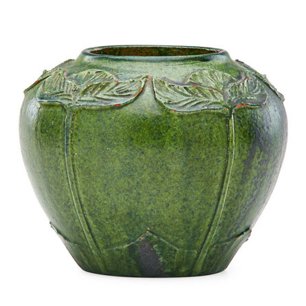 Merrimac Pottery, ‘Vase with carved and applied leaves, crystalline green glaze, Newburyport, MA’, ca. 1905