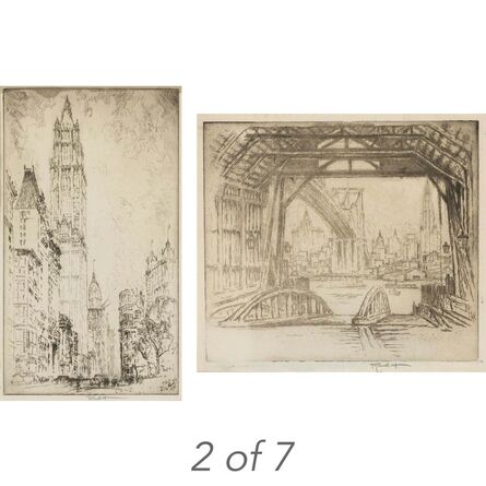 Joseph Pennell, ‘(i)WALL STREET; WOOLWORTH BUILDING; THE ELEVATED; MONTAGUE TERRACE; THE DESERTED FERRY (WUERTH 344; 675; 789; 832; 838) (ii) LIBERTY STREET (iii) [TRINITY CHURCH]’, 1904