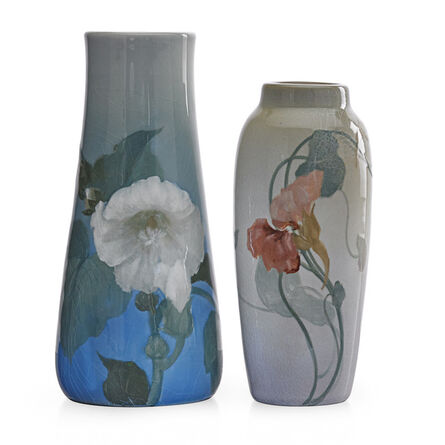 Fred Rothenbusch, ‘Two Iris Glaze vases with hollyhock and nasturtium, Cincinnati, OH’, 1905