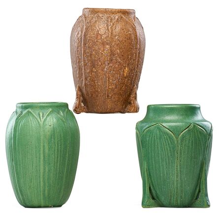 Wheatley, ‘Three vases with leaves and buds, brown and green glazes’, ca. 1905