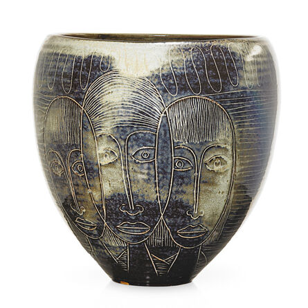 Edwin Scheier, ‘Fine large early ovoid vessel with faces’, 1950s-60s