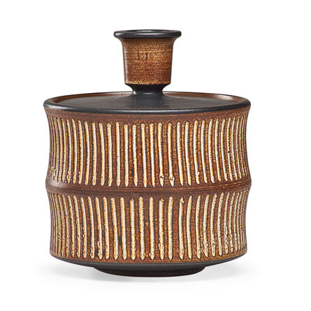 Harrison McIntosh, ‘Bamboo-shaped covered jar with vertical lines, Claremont, CA’