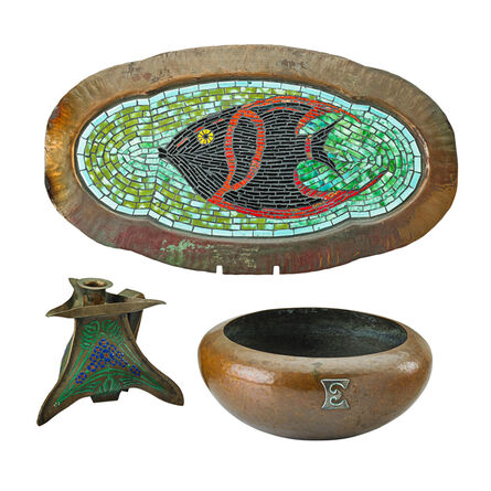Kalo, ‘Kalo Bowl Monogrammed "E," The Art Crafts Shop Candlestick, and Craftsman Studios Tray with Fish, USA’, Early 20th