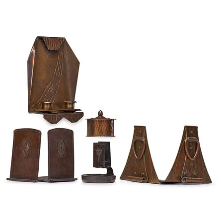Roycroft, ‘Two Pairs Of Bookends, Candle Sconce, Inkwell and Match Holder, East Aurora, NY’, 1910s-20s