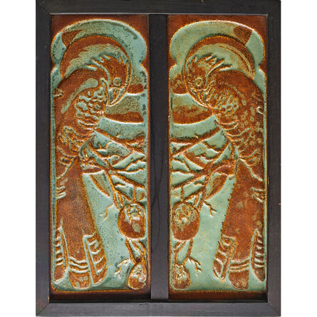 California Clay Products, ‘Pair Of Tall Tiles With Parrots (Framed), South Gate, CA’, 1923-33