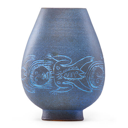 Edwin Scheier, ‘Small early footed vase with figures and fish’, 1950s-60s