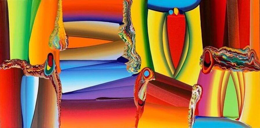 Stretched Bodies, Acrylic on Canvas, Red, Yellow, Green, Blue colours by Contemporary Artist "In Stock"