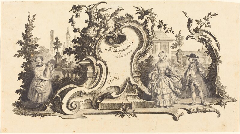 Johann Esaias Nilson, ‘Cartouches Modernes orné avec des [diferentes Figures] (Plate VI-1 from the set)’, Print, Counterproof of an etching with drawing in pen and black ink and gray wash, on laid paper incised with grounding in red chalk for transfer on verso, National Gallery of Art, Washington, D.C.