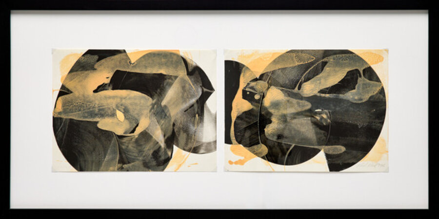 Geometric Abstract Screen Print Diptych with Browns and Yellows