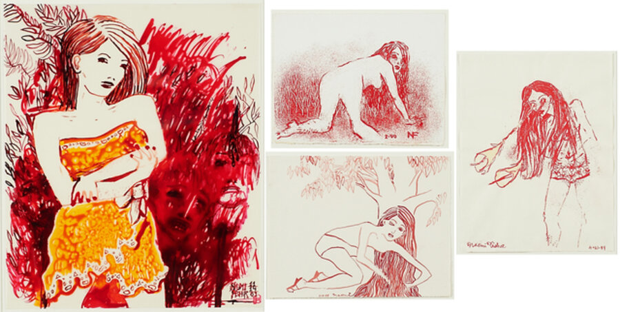 Four works of art: Yellow Dress, Untitled (Crawling Girl), Untitled (Eyes Shot Forth), Untitled (Red Girl and Tree), Yellow Dress, 2001