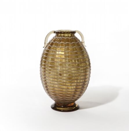 Ercole Barovier, ‘A two-handled white vase in amber crystal with avventurina and spiral lattimo filament’