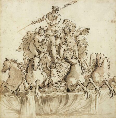 Francesco Salvator Fontebasso, ‘Design for a fountain of Neptune in his chariot drawn by four hippocamps, flanked by nymphs and putti’