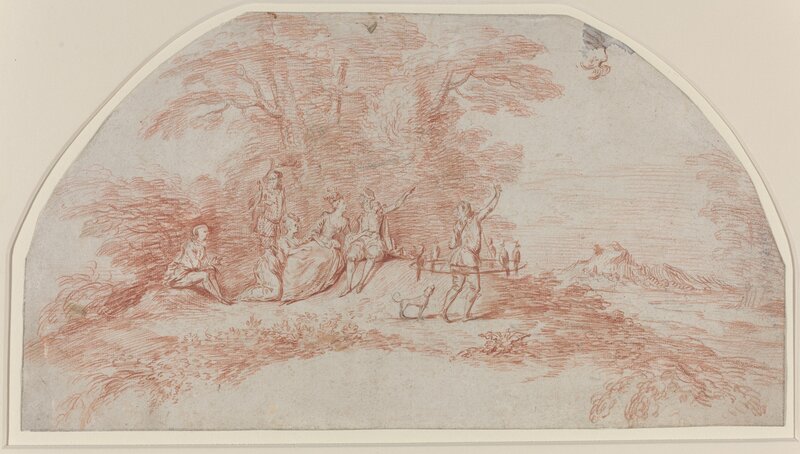 Jean-Antoine Watteau, ‘A Fête Galante with Falconers’, ca. 1711-1712, Drawing, Collage or other Work on Paper, Red chalk over graphite on laid paper, National Gallery of Art, Washington, D.C.